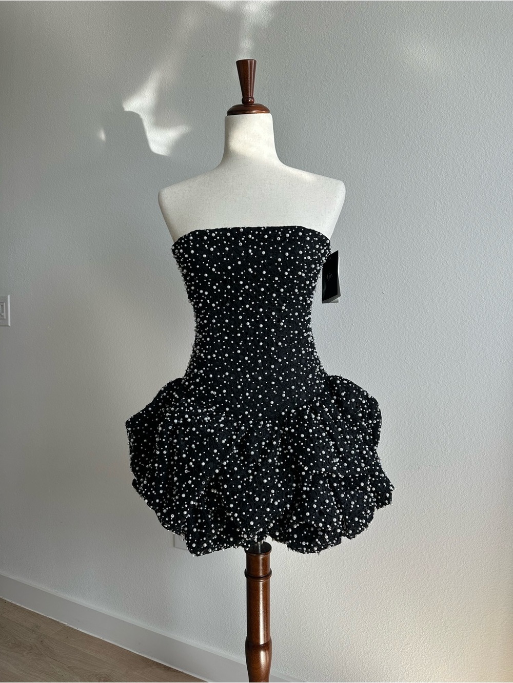 Aje REGINA PEARL MINI DRESS  Black Strapless Polka Dot Bubble-Hem Dress